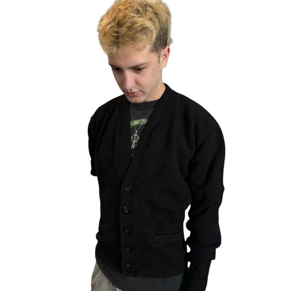 Vintage Dehen 1920 Slouchy Varsity wool cardigan V neck black size small - Picture 5 of 13